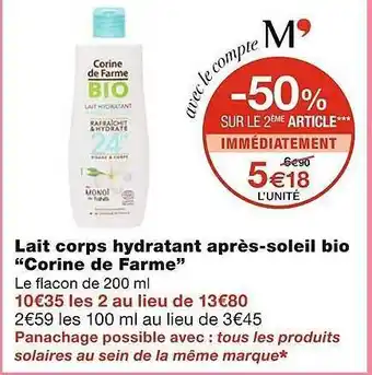 Monoprix Lait Corps Hydratant Après-soleil Bio offre