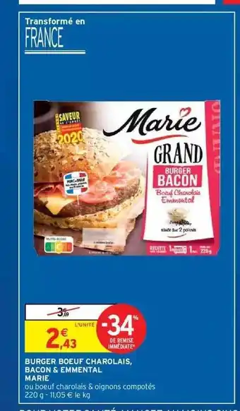 Intermarché Hyper Burguer Boeuf Charolais Bacon & Emmental Marie -34% De Remise Immédiate offre