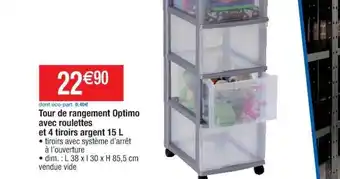Cora x Carrefour Tour De Rangement Optimo Avec Roulettes Et 4 Tiroirs Argent 15 L offre