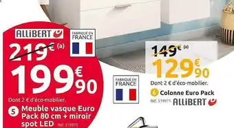 Meuble Vasque Euro Pack 80 Cm + Miroir Spot Led Allibert, Colonne Euro Pack Allibert