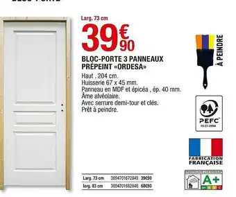 Brico Dépôt Bloc-porte 3 Panneaux Prépeint «ordesa» offre