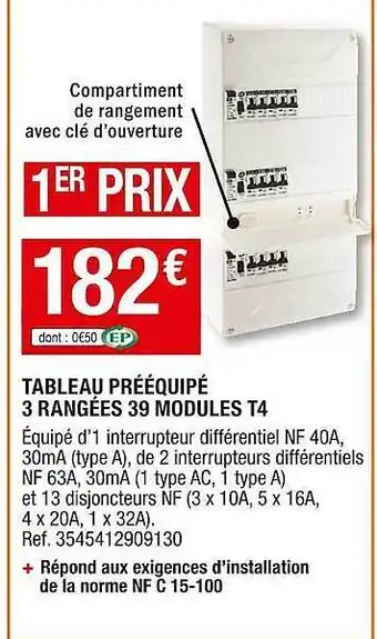 Brico Dépôt Tableau Prééquipé 3 Rangées 39 Modules T4 offre