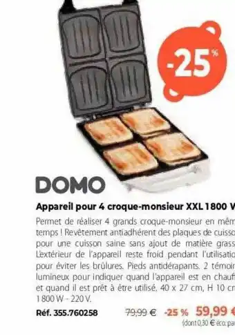 Mathon Appareil Pour 4 Croque-monsieur Xxl 1800 V Domo offre