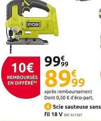 Mr Bricolage Scie Sauteuse Sans Fil 18 V Ryobi offre