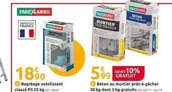 Mr Bricolage Ragréage Autolissant Classé P3 25 Kg Parexlanko, Béton Ou Mortier Prêt-à-gâcher 30 Kg Dont 3 Kg Gratuits Parexlanko offre