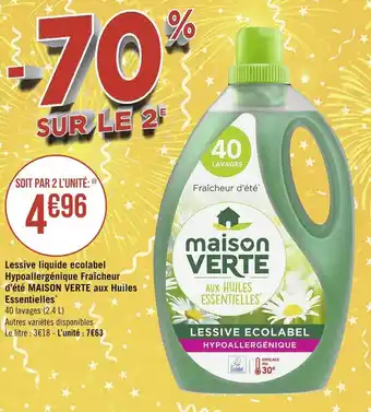 Géant Casino Maison verte lessive liquide ecolabel hypoallergénique fraîcheur d’été aux huiles essentielles offre