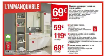 Brico Dépôt Meuble Sous-vasque à Poser Blanc L. 60 Cm «ladoga», Plan Vasque «towan», Colonne Blanche H. 190 Cm «ladoga», Colonne Murale « offre