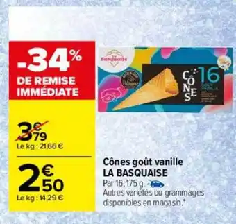 Carrefour Cônes Goût Vanille La Basquaise offre