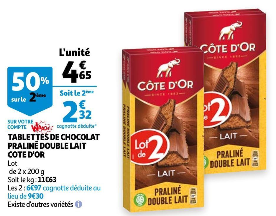 Promo Cote d'or tablettes de chocolat praliné double lait chez Auchan