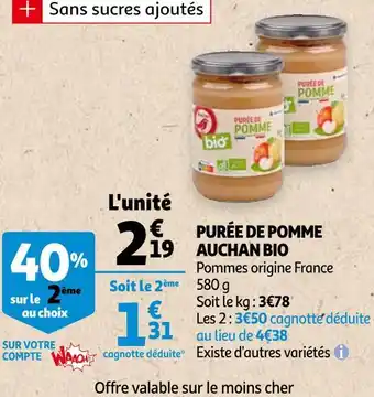 Auchan Auchan bio purée de pomme offre