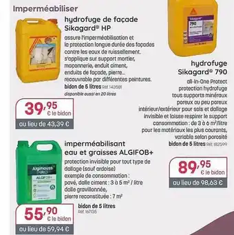 Hydrofuge De Façade Sikagard Hp, Hydrofuge Sikagard 790, Imperméabilisant Eau Et Graisses Algifob+