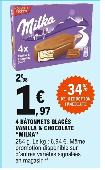 E.Leclerc 4 Bâtonnets Glacés Vanilla & Chocolate "Milka" offre