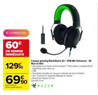 Carrefour RAZER casque gaming blackshark V2 + USB mic enhancer - SE noir et vert offre