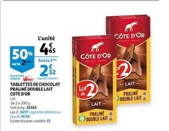 Auchan Tablettes De Chocolat Praliné Double Lait Côte D'or offre