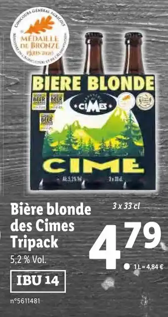 Lidl Bière blonde des cimes tripack offre