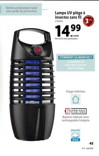 Lidl Lampe uv piège à insectes sans fil offre