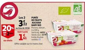 Auchan Purée De Fruits Auchan Baby Bio offre