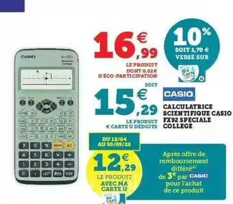 Hyper U Calculatrice Scientifique Casio Fx92 Spéciale Collège offre