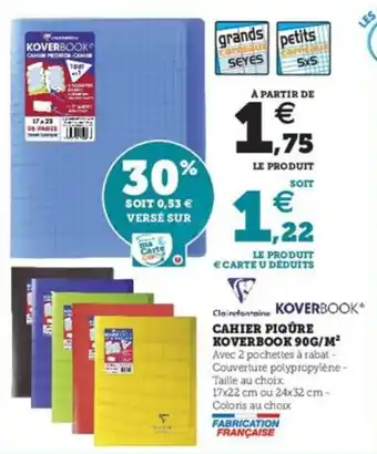 Super U KOVERBOOK cahier piqûre koverbook 90G/M offre