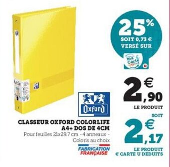 Super U Classeur oxford colorlife A4+dos de 4cm offre