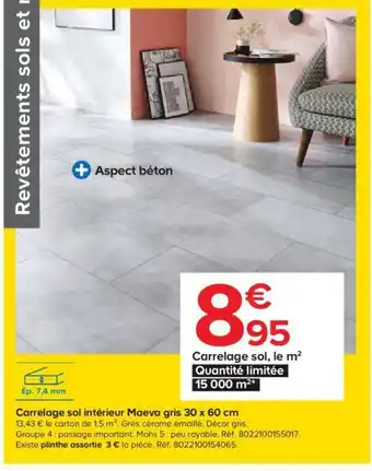 Castorama Carrelage Sol intérieur Maeva Gris 30x60cm offre