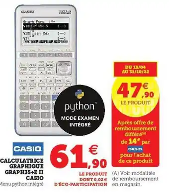 Super U Calculatrice Graphique Graph35+e II Casio offre