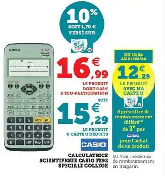 Super U Calculatrice Scientifique Casio Fx92 Spéciale Collège Casio offre