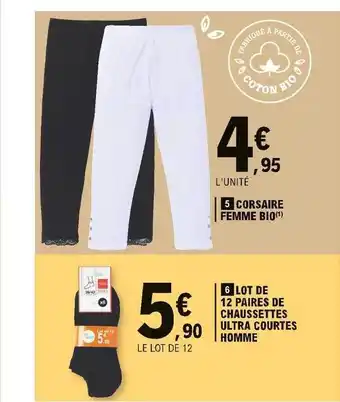 E.Leclerc Corsaire Femme Bio, Lot De 12 Paires De Chaussettes Ultra Courtes Homme offre