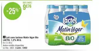 Géant Casino Lait Sans Lactose Matin Léger Bio Lactel 1,2% M.g. offre