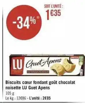 Géant Casino Biscuits Cœur Fondant Goût Chocolat Noisette Lu Guet Apens offre