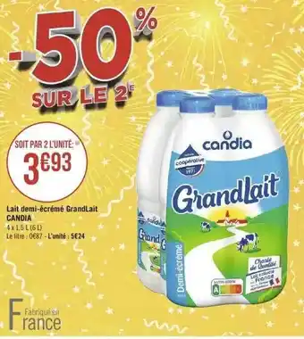 Géant Casino Lait Demi-écrémé Grandlait Candia offre