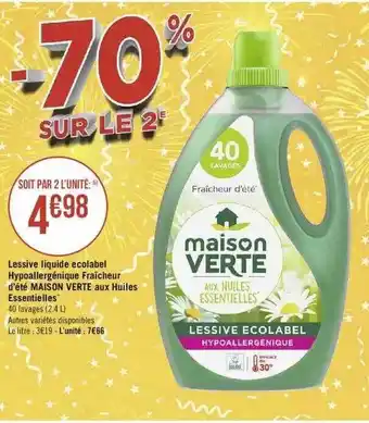 Géant Casino Lessive Liquide Ecolabel Hypoallergénique Fraîcheur D'été Maison Verte Aux Huiles Essentielles offre