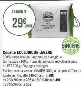 Géant Casino Couette Ecologique Legere Sincere offre