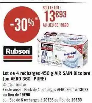 Géant Casino Lot De 4 Recharges 450 G Air Sain Bicolore (ou Aero 360° Pure) Rubson offre