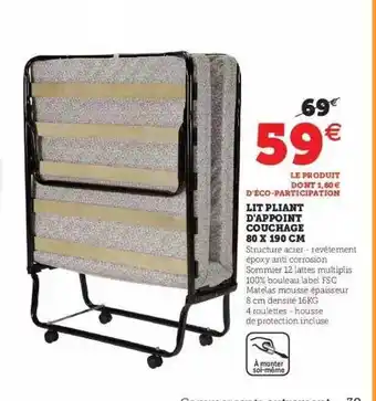 Hyper U Lit Pliant D'appoint Couchage 80 X 190 Cm offre