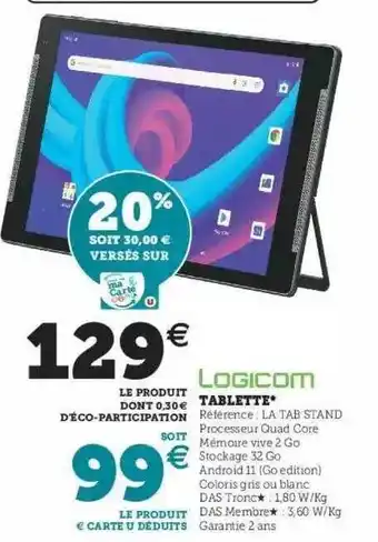 Hyper U Tablette Logicom offre