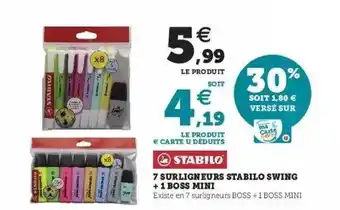 Hyper U 7 Surligneurs Stabilo Swing + 1 Boss Mini offre