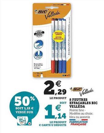 Hyper U 8 Feutres Effaçables Bic Velleda offre