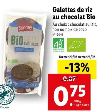 Lidl Sondey galettes de riz au chocolat bio offre