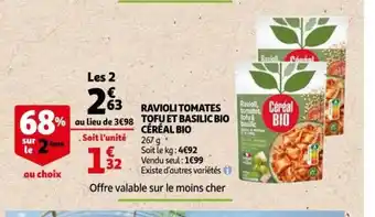 Auchan Ravioli Tomates Tofu Et Basilic Bio Céréal Bio offre