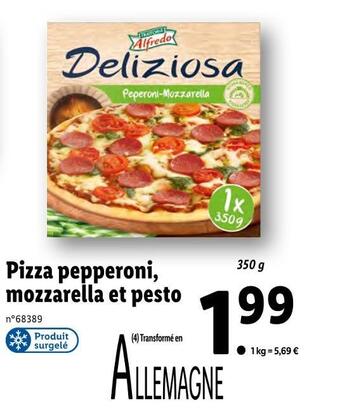 Lidl Alfredo pizza pepperoni, mozzarella et pesto offre