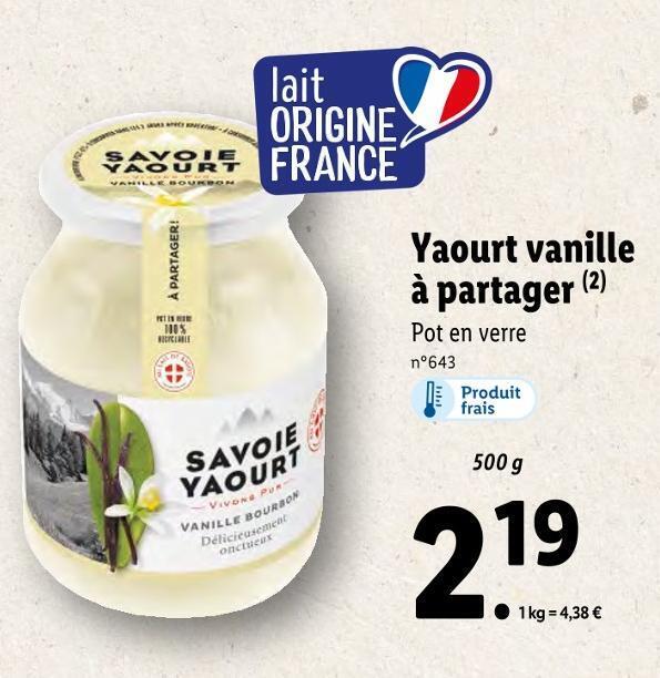Promo Savoie yaourt yaourt vanille à partager chez Lidl