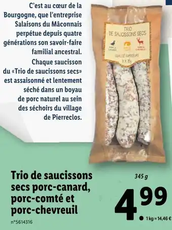 Lidl Trio de saucissons secs porc-canard, porc-comté et porc-chevreuil offre