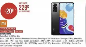 Géant Casino Smartphone Redmi Note 11 128 Go Gris offre