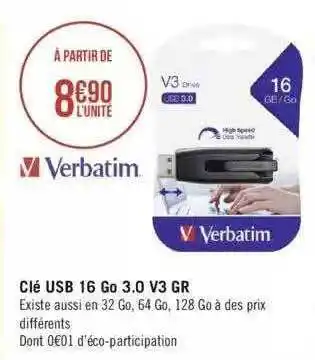 Géant Casino Clé Usb 16 Go 3.0 V3 Gr Verbatim offre