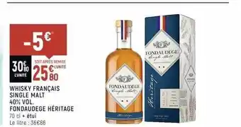 Spar Whisky Français Single Malt 40% Vol. Fondaudège Héritage offre