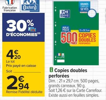 Carrefour Oxford copies doubles perforées offre