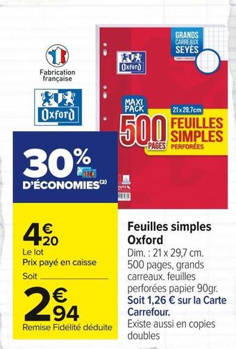 Carrefour Market Oxford feuilles simples offre