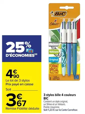 Carrefour Bic 3 stylos bille 4 couleurs offre