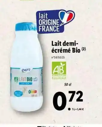 Lidl Lait Demi-écrémé Bio offre